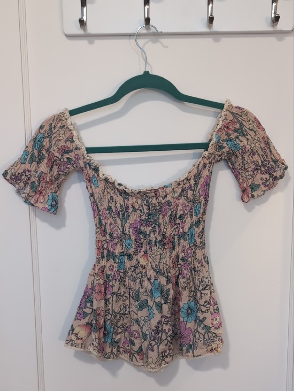 Spell Sayulita Cream Floral Smocked Off-Shoulder Top with Teal & Mauve Flowers - Picture 3 of 9